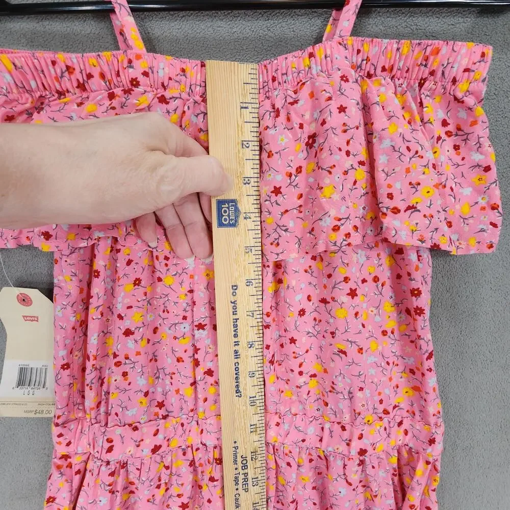 Levis Ruffle Dress L Kids Girl Cold Shoulder Floral Pink Tiered Midi 12-13yr NEW